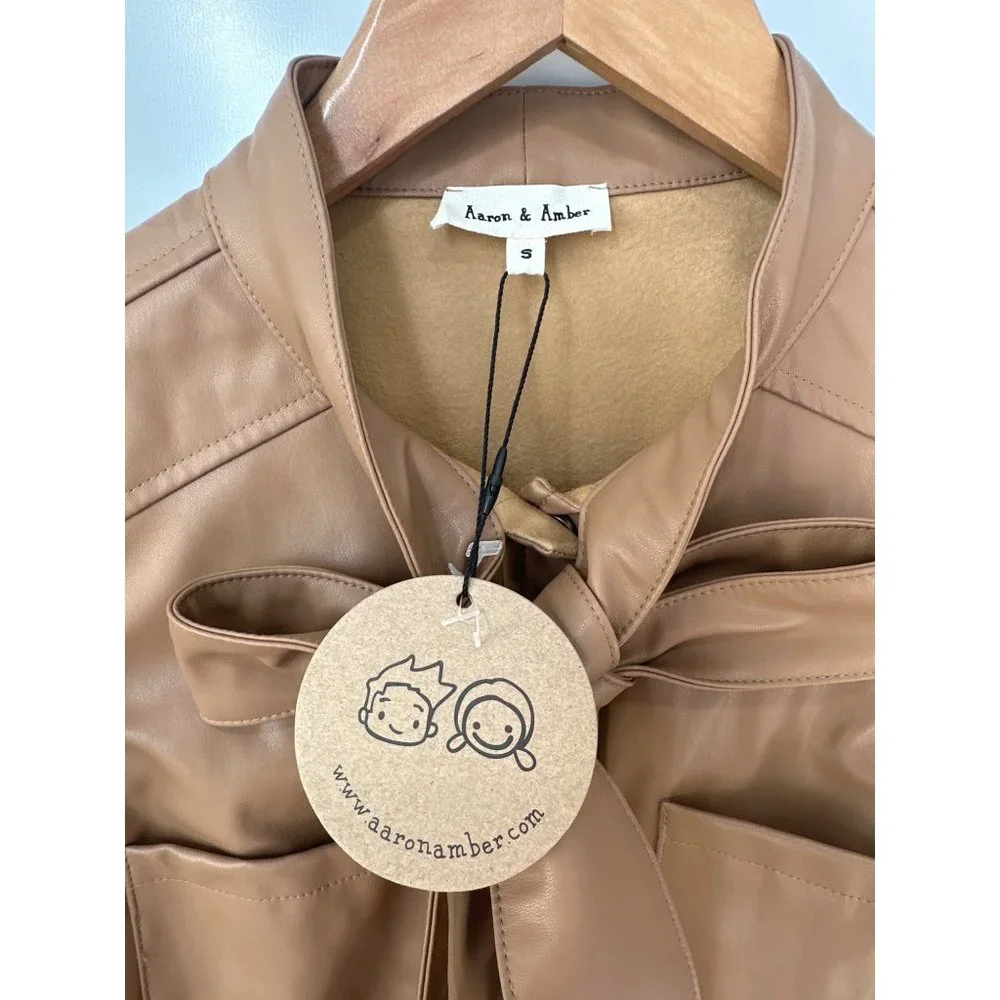 Aaron & Amber Leather Bow Tie Puff Sleeve Top Womens S Tan PU Blend Neutral NEW